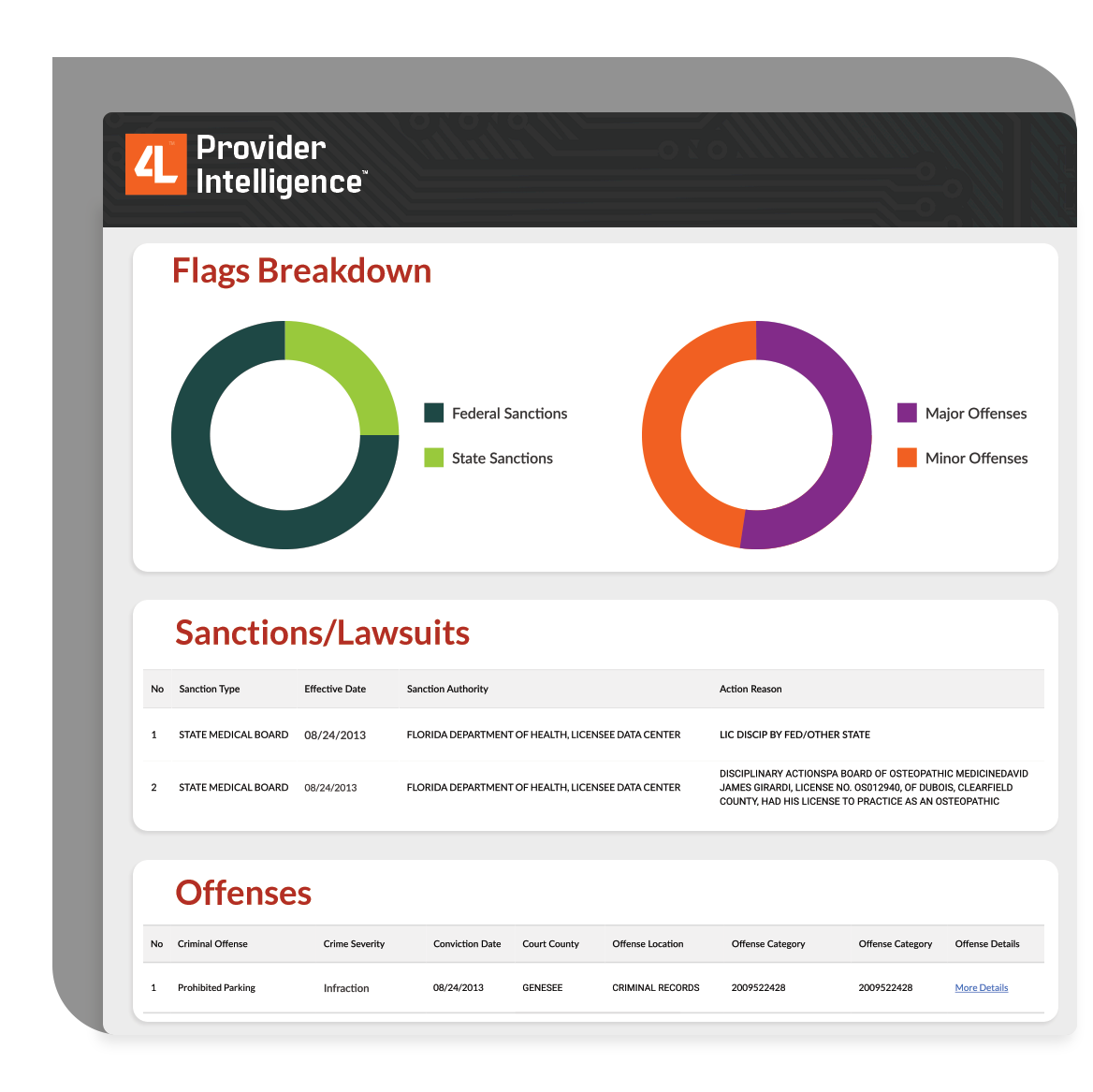 4L Provider Intelligence dashboard showing flags breakdown, sanctions, and offenses